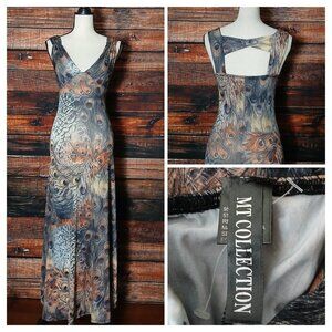 MT Collection Maxi Dress Size Small Peacock Feather Print Padded Bra Open Back